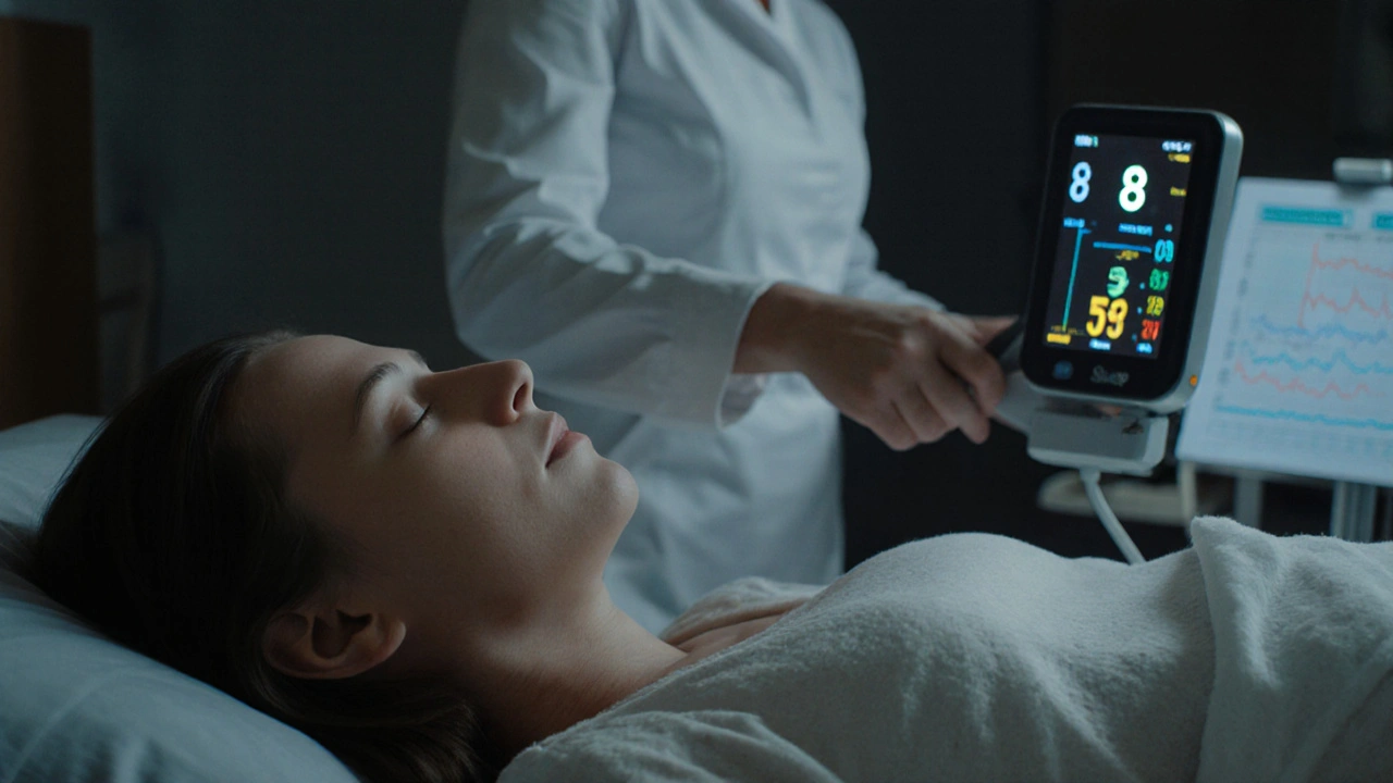 Těhotná žena v porodní pozici, s monitorováním kontrakcí a krevního tlaku, s výrazem klidného soustředění.