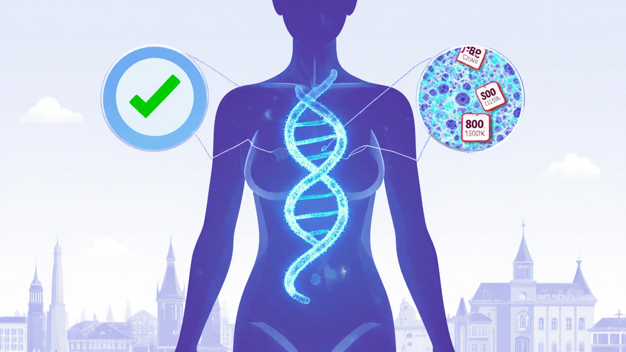 Transparentní ilustrace děložního čípku s detekcí HPV viru a cenovými značkami.