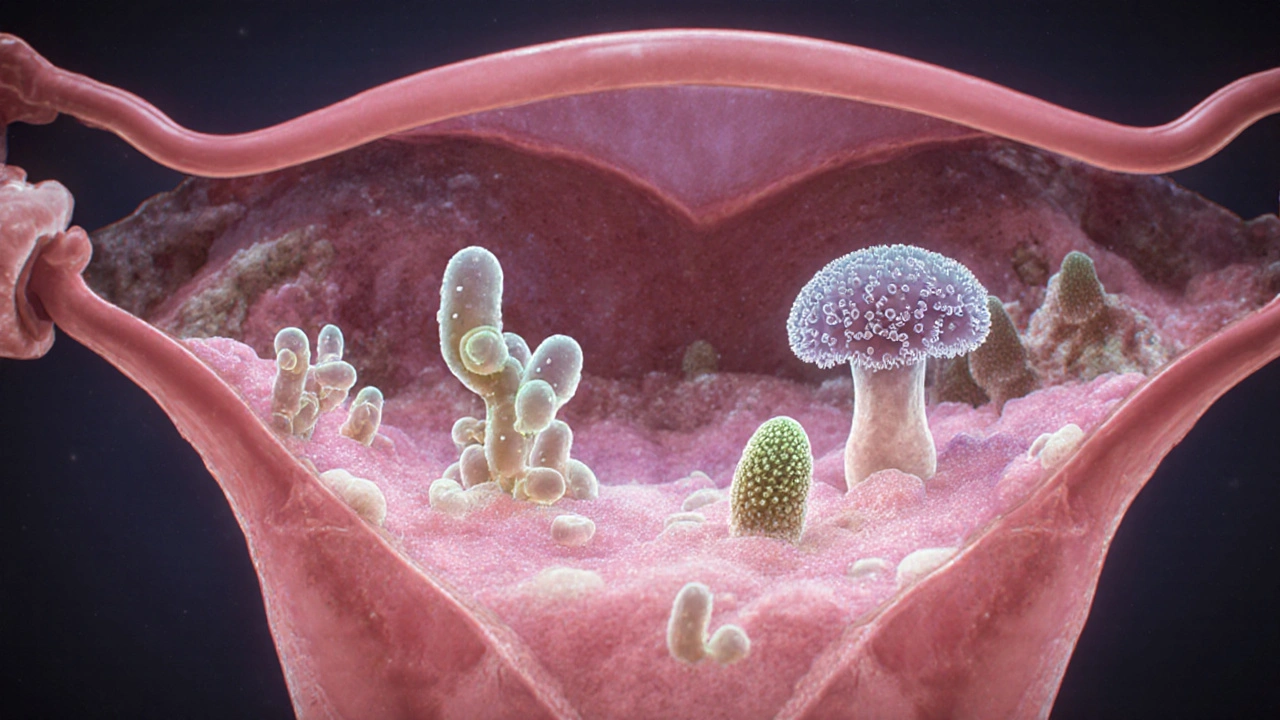 Umělecké znázornění rovnováhy bakterií a plísně ve vaginálním prostředí.