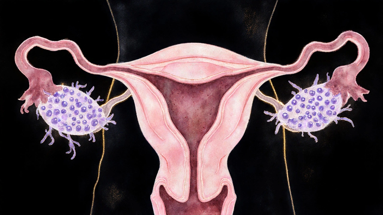 Vnitřní anatomie ženy s polycystickými vaječníky a poškozenými vejcovody.