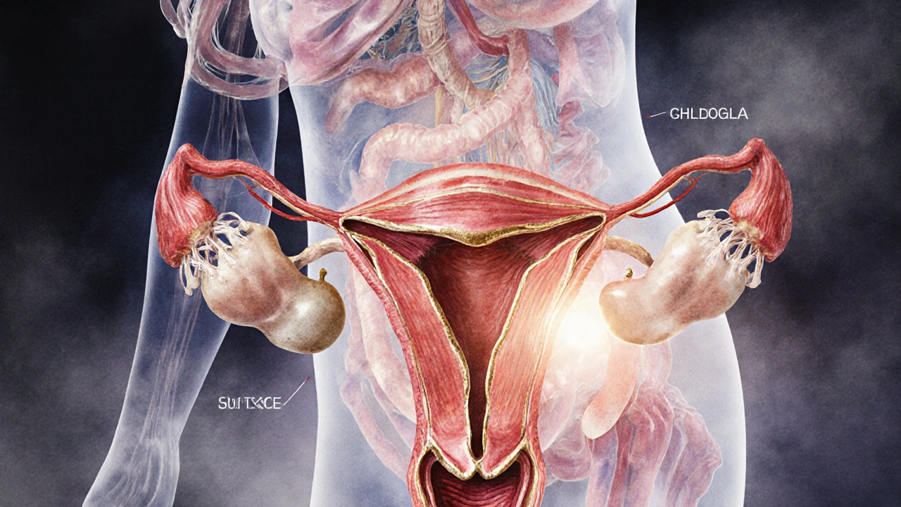 Vnitřní pohled na roztahující se dělohu během porodu, s náznakem okolních orgánů a rozšířením na 10 cm.