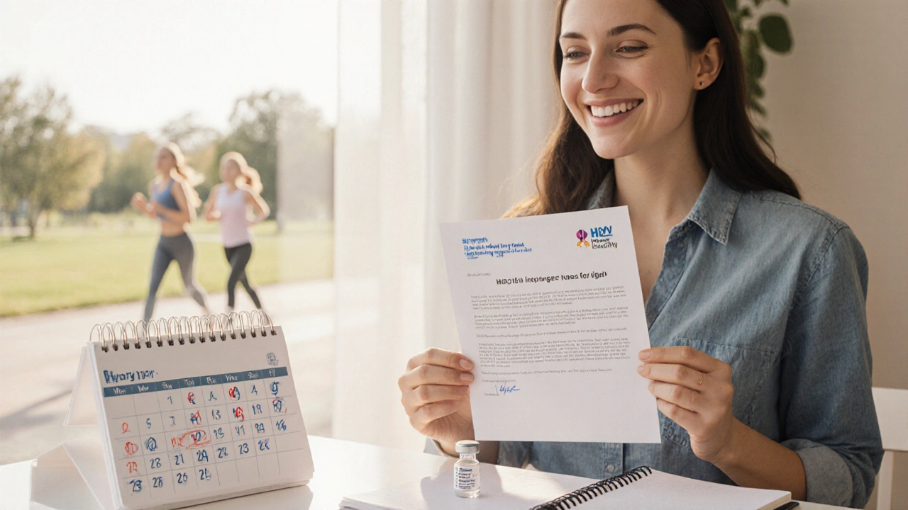 Žena drží pozvánku na screening HPV s připomínkami zdravého životního stylu.