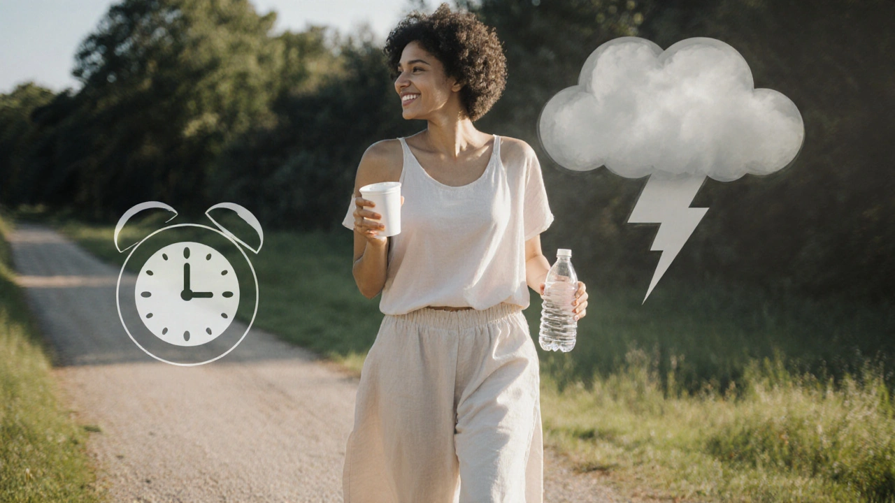 Žena jde na slunci v bavlněném oblečení s jogurtem a vodou, stresové ikony mizí za ní.