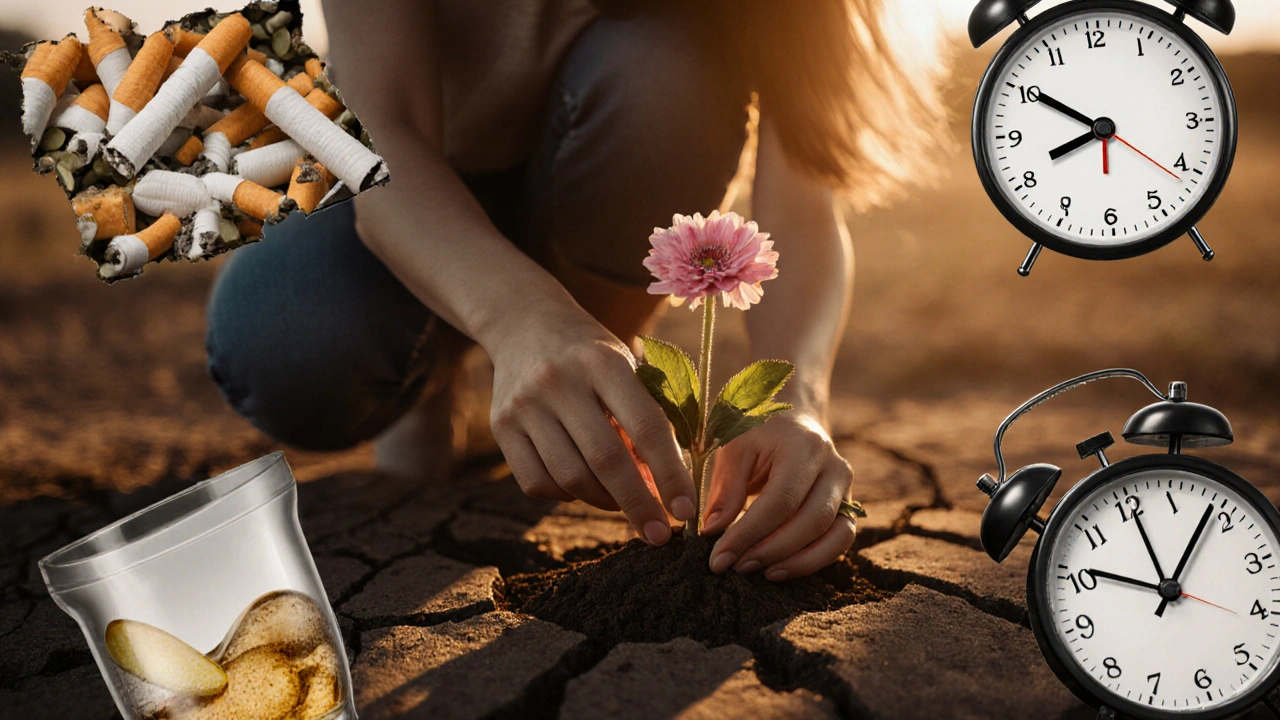 Žena klade květinu do prasklé země, kolem ní symboly nezdravého životního stylu.