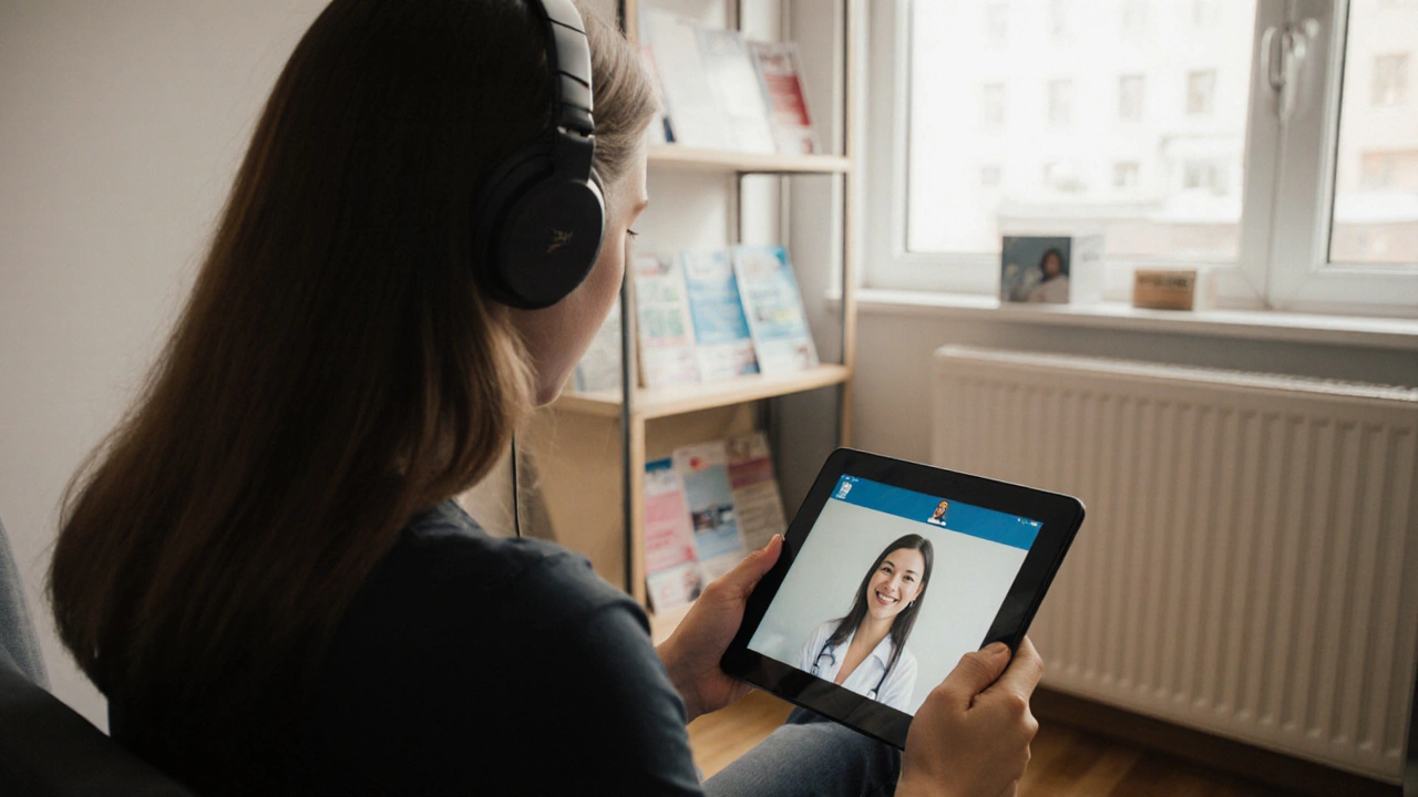 Žena konzultuje gynekologa online v klinice.