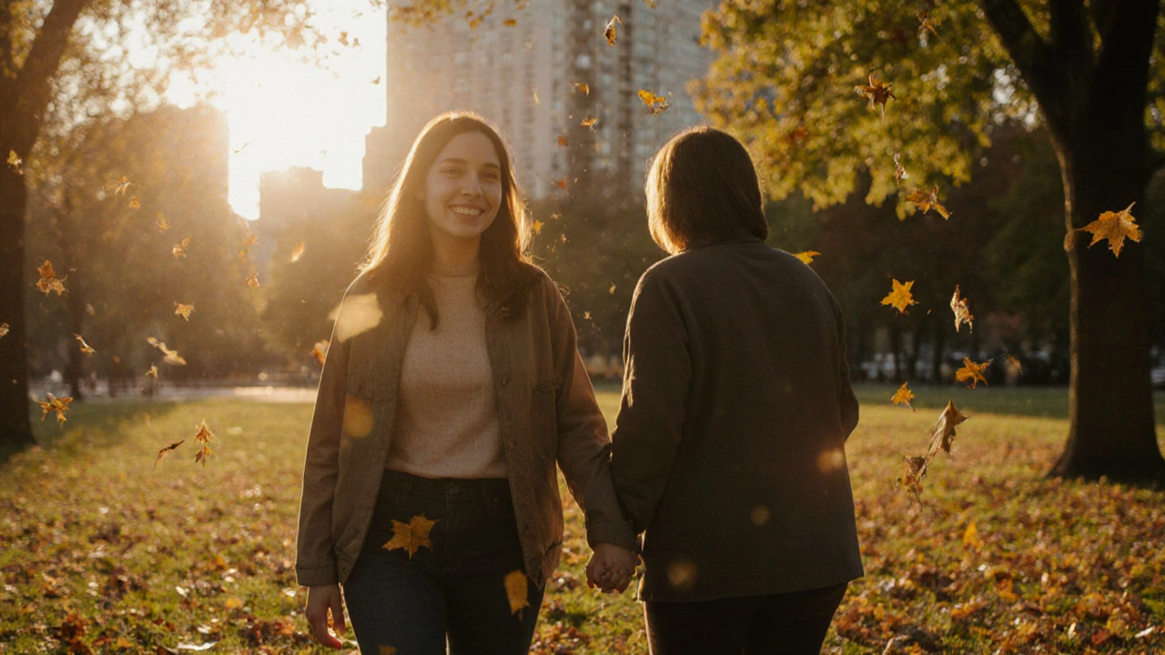 Žena kráčí s přátelkou v parku při západu slunce, vypadá klidně a silně.