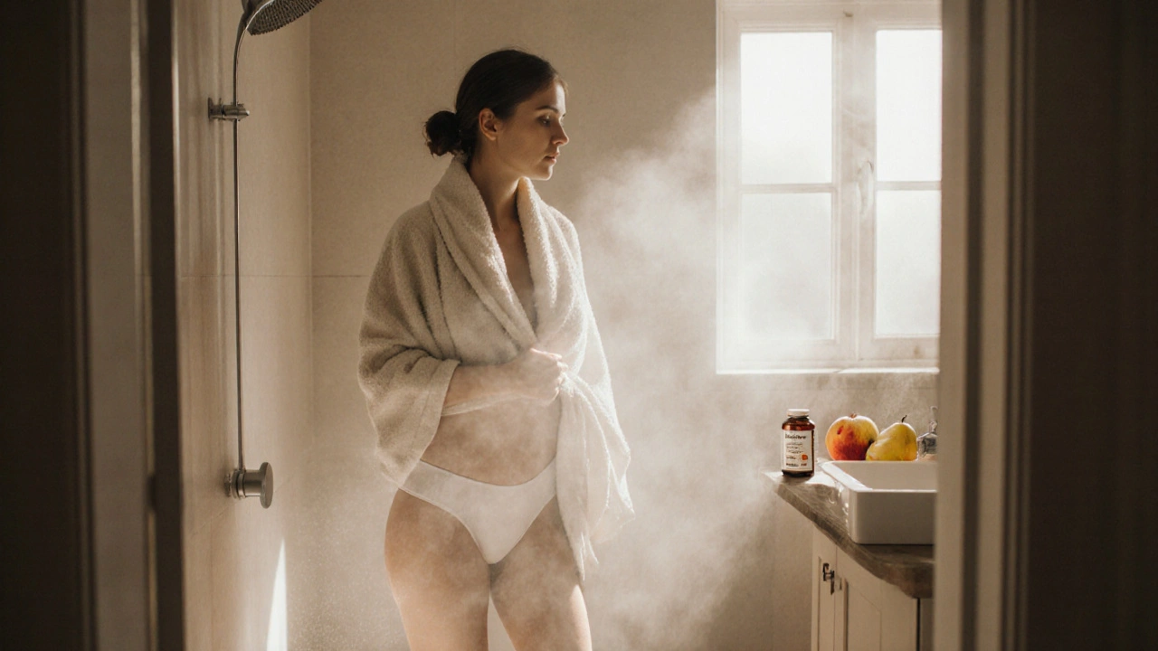 Žena po koupeli, oblečená v bavlněném prádlu, s probiotiky na stole.