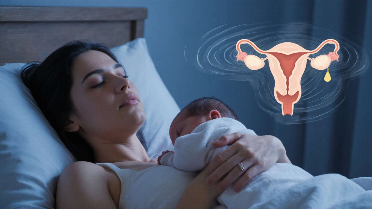Žena po porodu drží novorozence a rukou přitisklá k břichu, kde se děloha zužuje zpět.