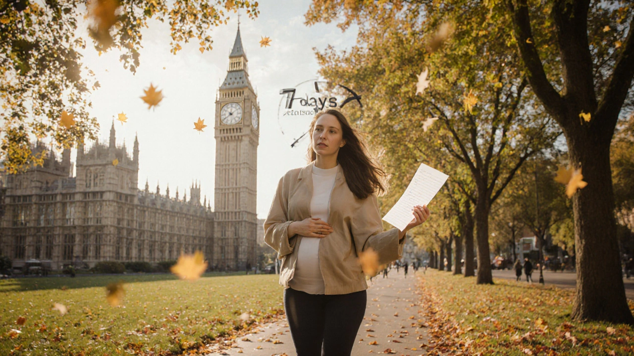 Žena prochází parkem v podzimním dni, ruka na břiše, v pozadí hodiny ukazují 7 dní po styku.
