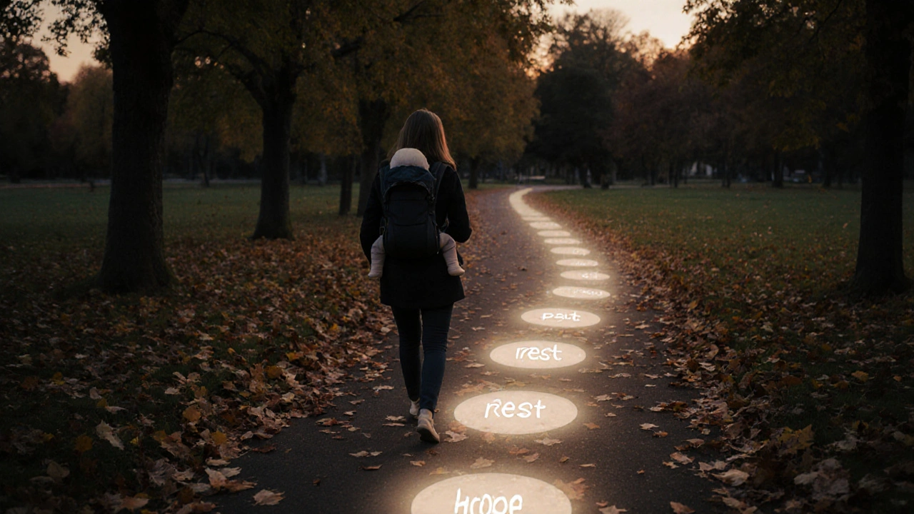 Žena s dítětem v nosiči kráčí v parku při západu slunce, listy padají kolem ní.