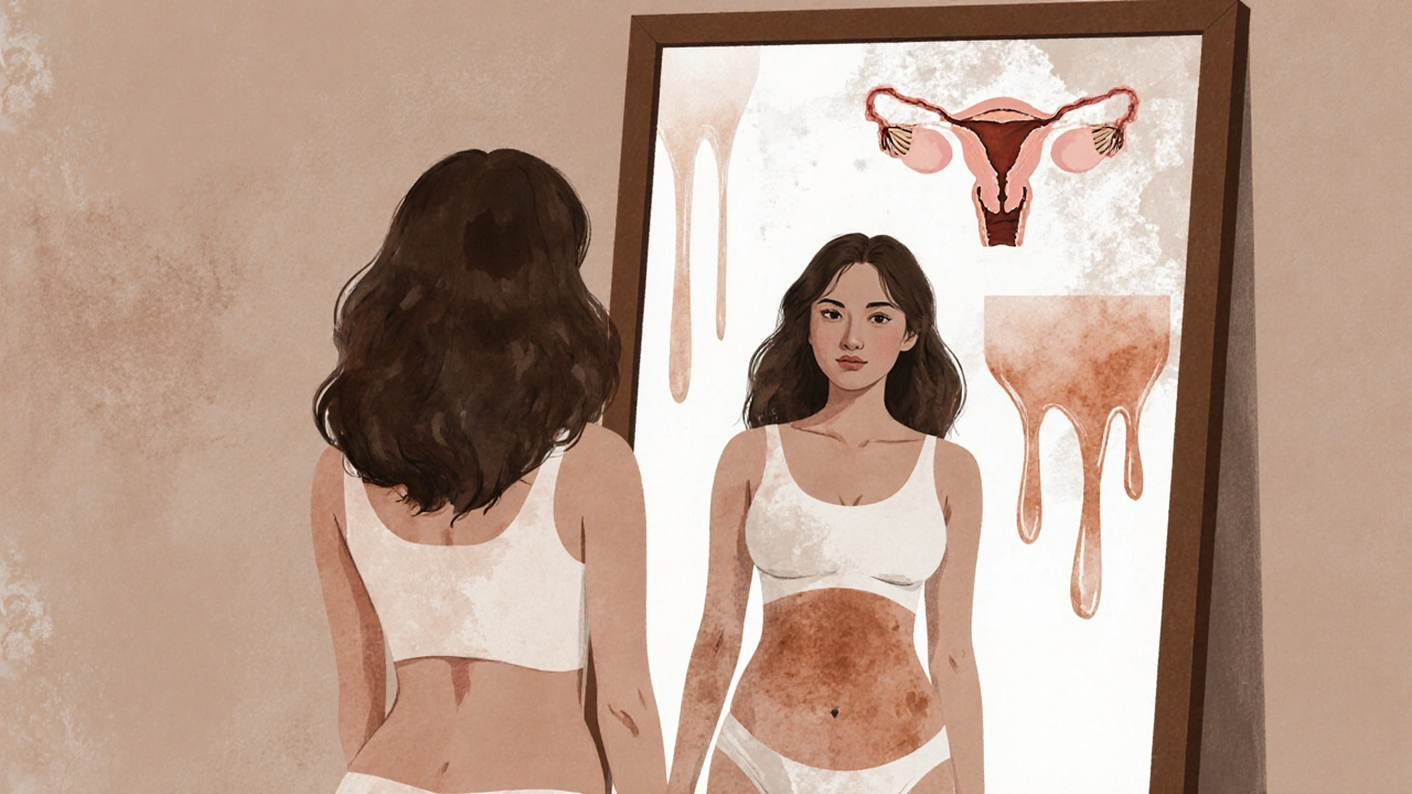 Žena se dívá do zrcadla a vidí svou postpartální tělo s náznaky předchozího těhotenství.