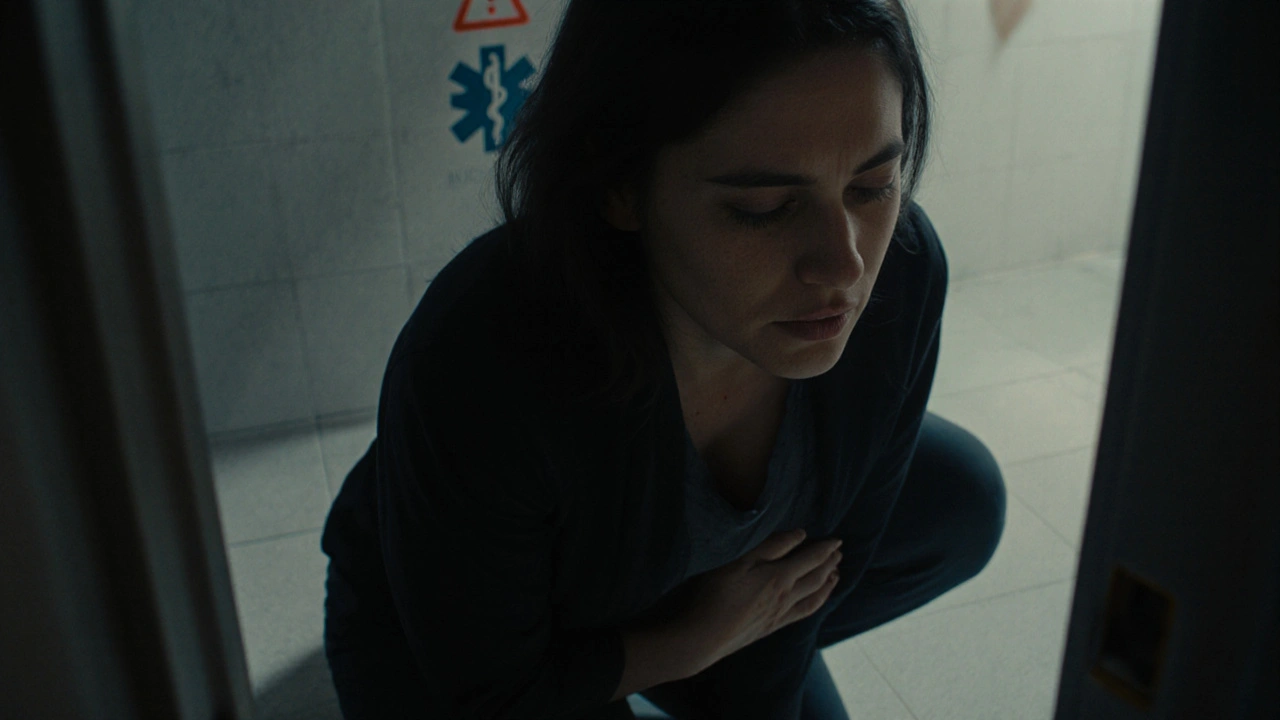 Žena v náhlé bolesti na kolenou v koupelně, osvětlená nouzovým světlem.