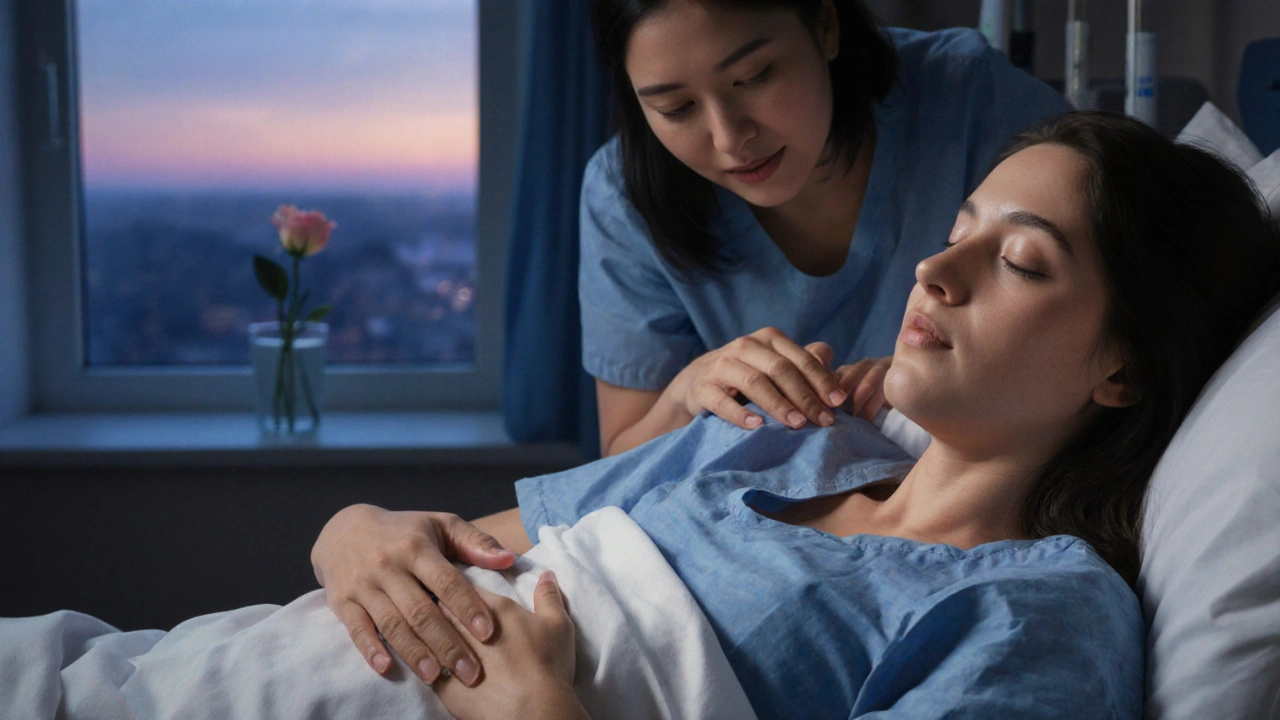 Žena v porodnici drží ruku partnera, mírně osvětlená ve tmě, symbolizující přijetí pomoci a pravdy.