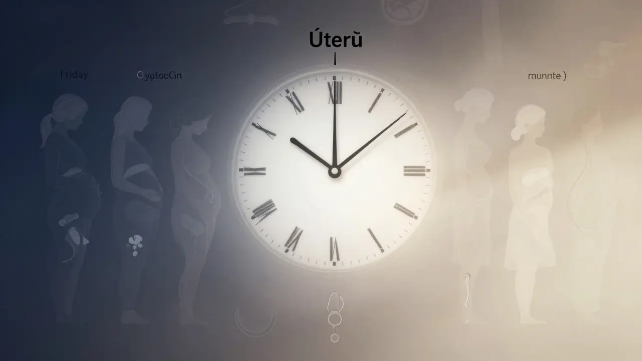 Abstraktní hodiny těla s hormony ukazujícími na nejčastější den porodů — úterý.