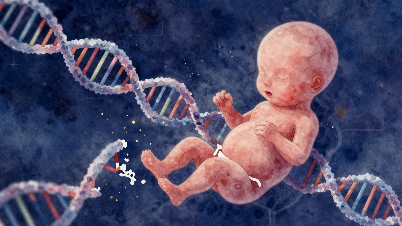 Abstraktní znázornění embrya s poškozenou DNA, plavajícího v temném prostoru.