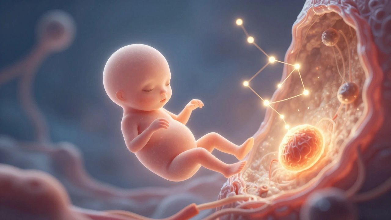 Abstraktní znázornění přichycení embrya k děložní stěně s hormonálními vlákny.