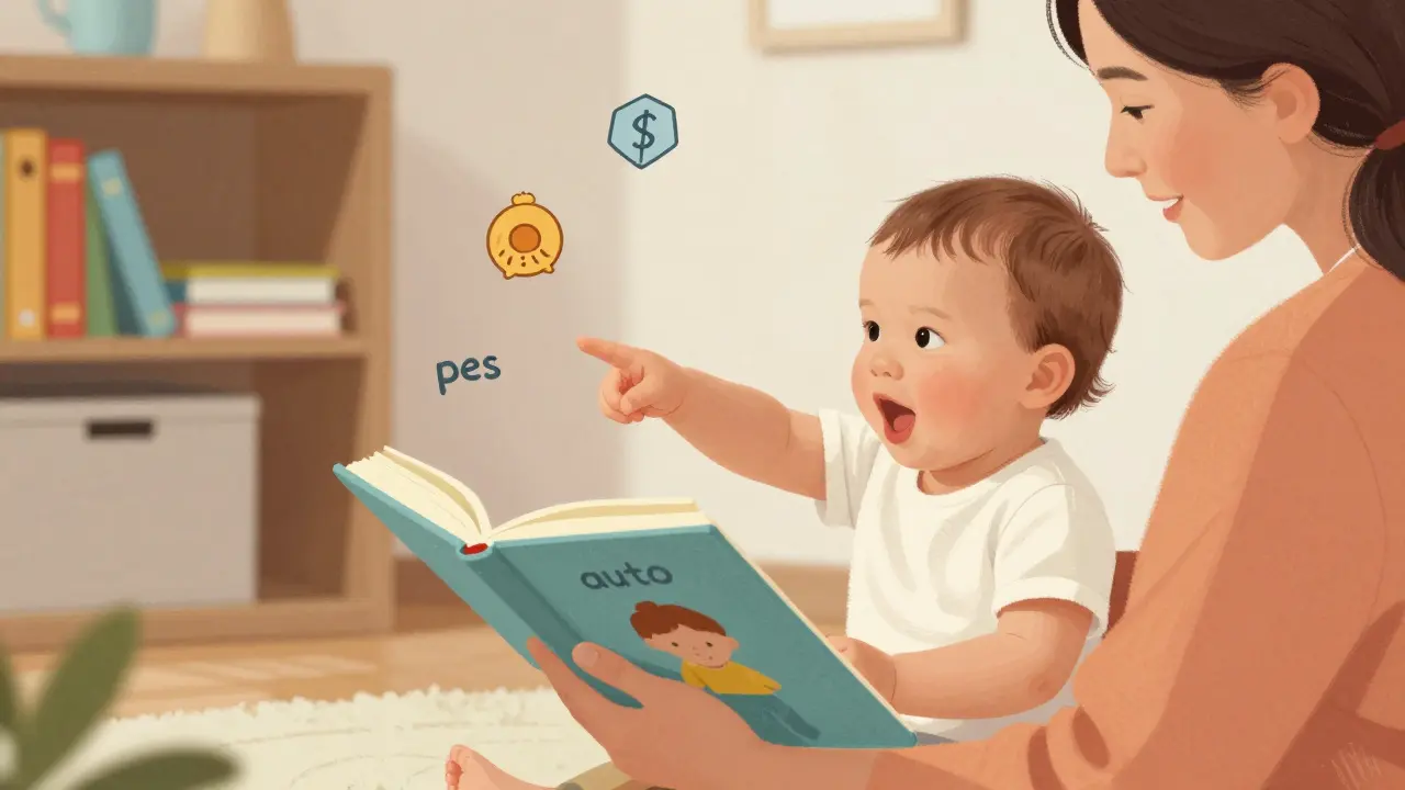 Dítě ukazuje na obrázek v knížce, rodič sedí vedle něj.