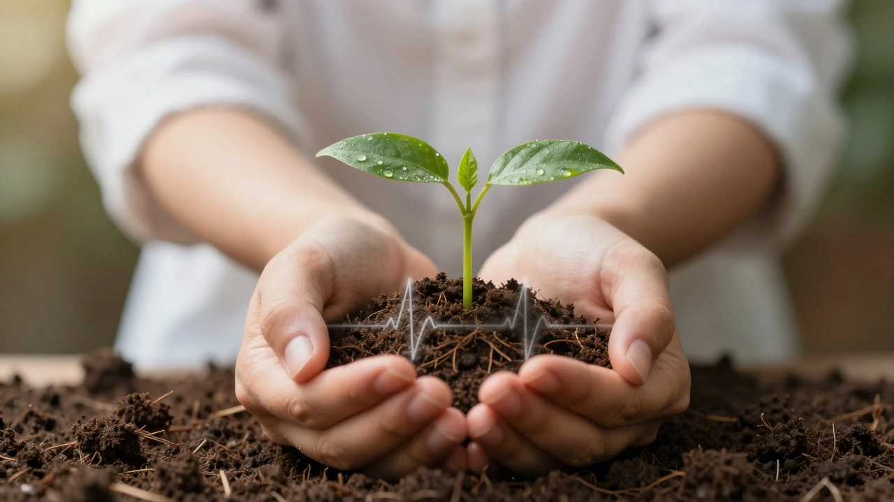 Dvě ruce drží malou klíčenku rostoucí z půdy, symbolizující naději a obnovu.