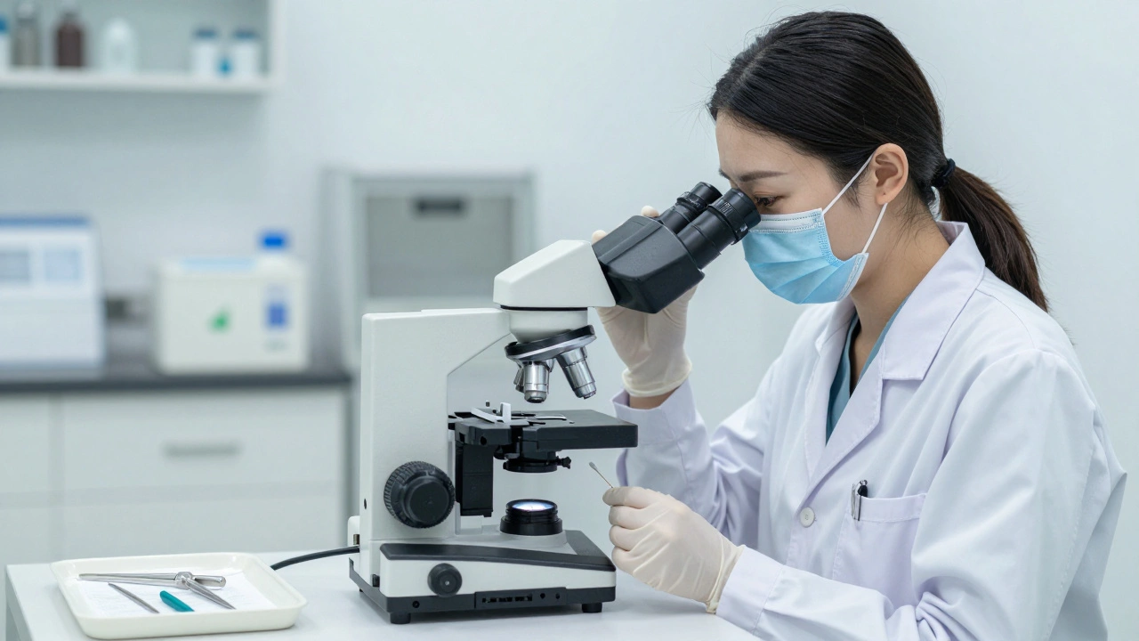 Gynekoložka prohlíží vzorek výtoků pod mikroskopem v klinice.