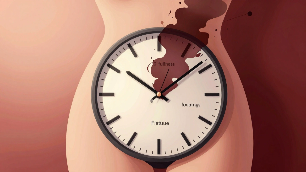 Hodiny v pánvi s příznaky rakoviny vaječníků a nádorem, který rozbíjí časovou osu.