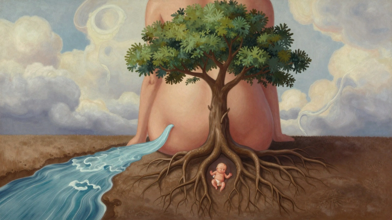 Koncepční obraz těla těhotné ženy jako krajiny připravující se na porod.