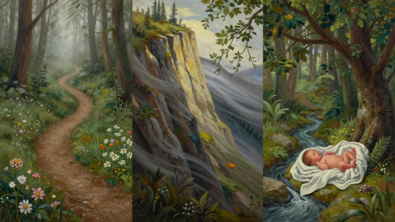 Koncepční obraz tří fází porodu jako cesty lesem: pomalý začátek, intenzivní vrchol a klidné vyplenění.