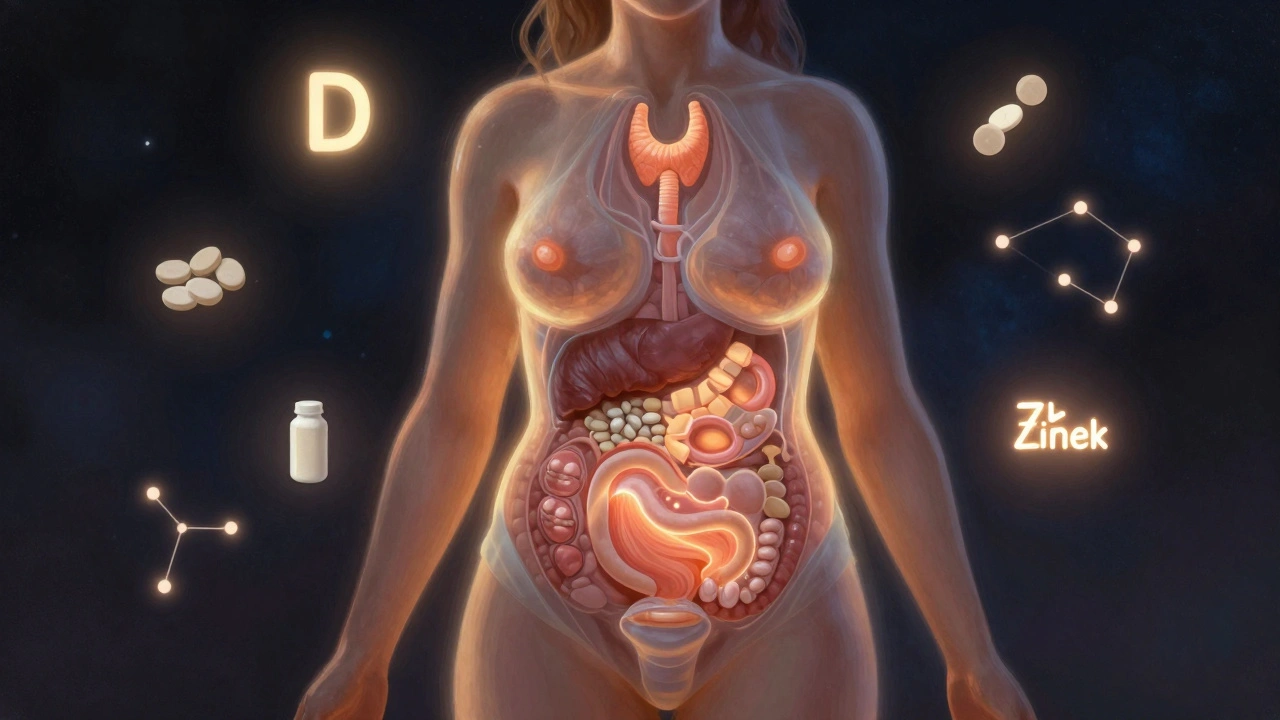 Koncepční obrázek ženského těla s viditelnými hormonálními procesy a doplňky.