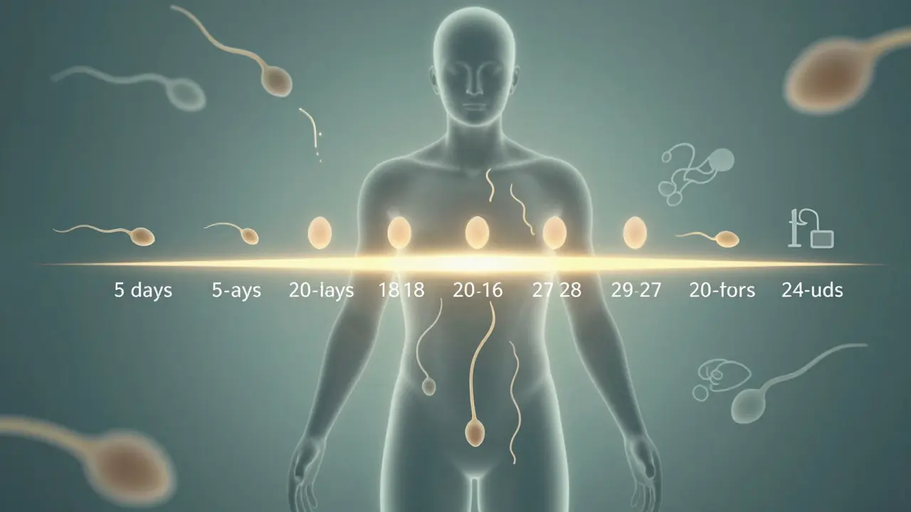 Konceptuální obrázek lidského těla s časovou osou plodnosti a spermii.