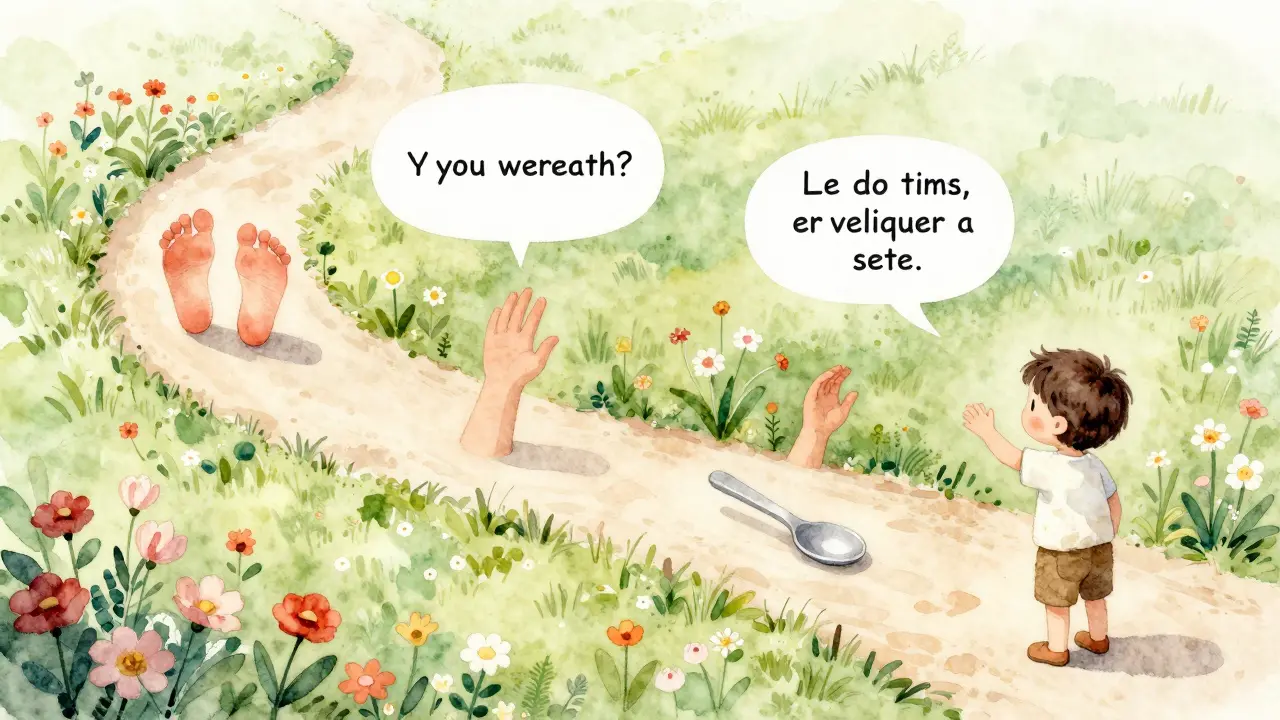 Kreslená cesta vývoje dítěte s kroky, řečí a hračkami mezi květinami.