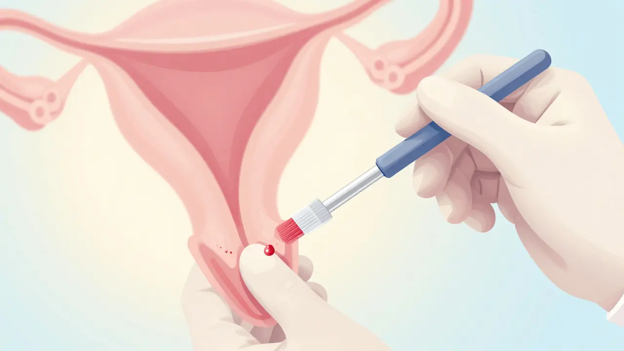 Lékařka jemně sbírá buňky z děložního čípku pomocí malého kartáčku.