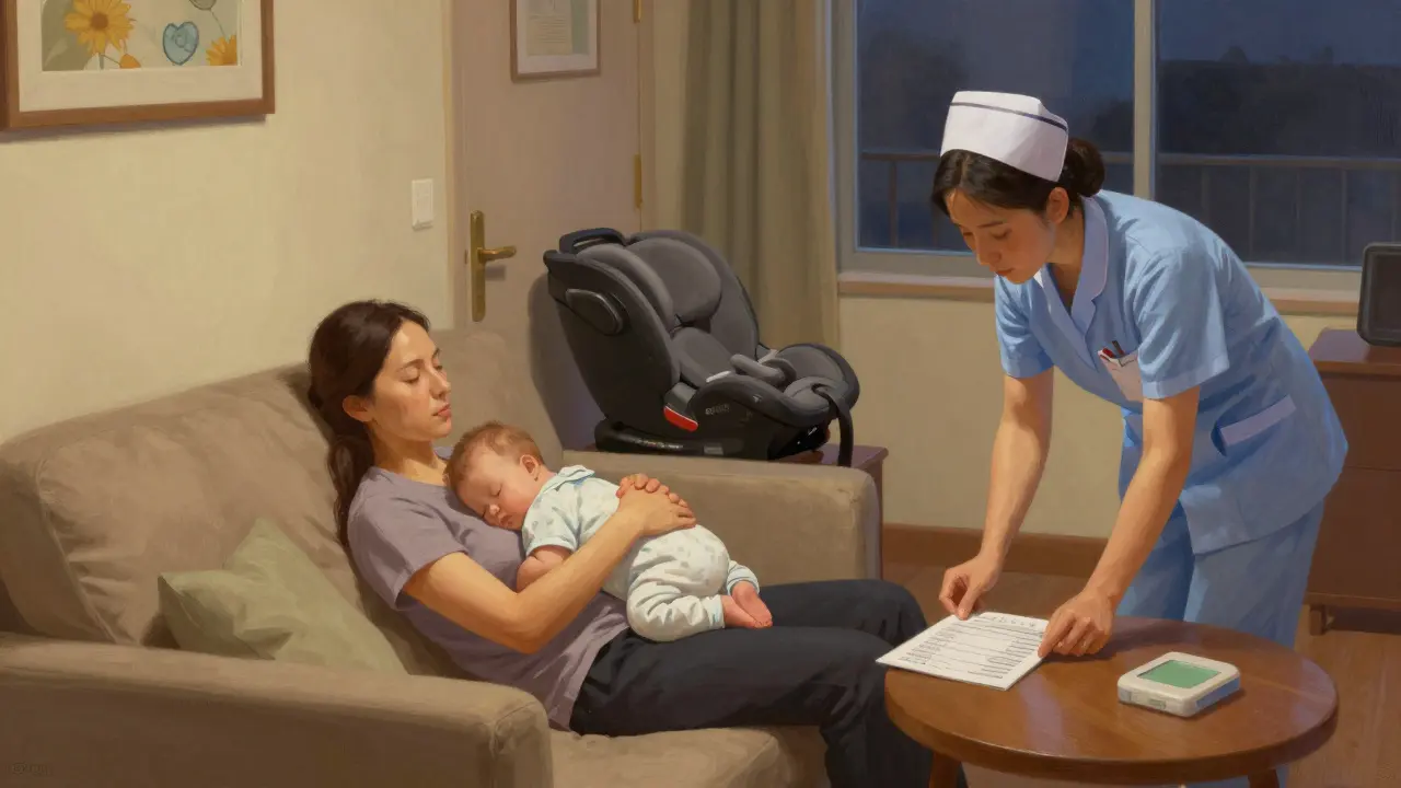 Matka odpočívá doma s novorozencem, sestra přináší informace pro domácí péči.