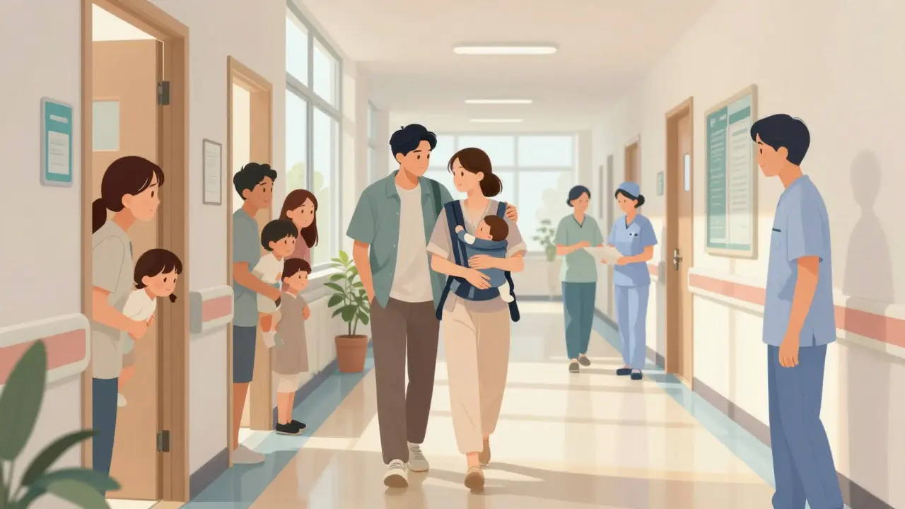 Matka se chodí po chodbě porodnice se svým dítětem a partnerem.