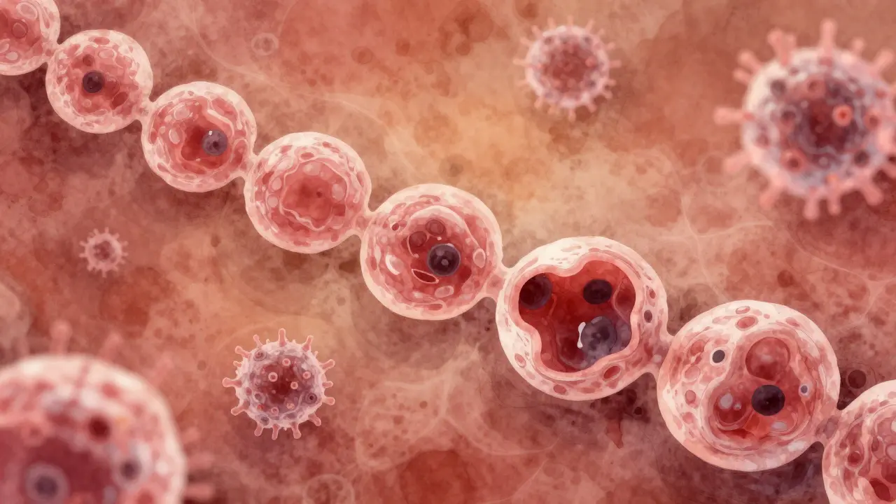 Mikroskopický pohled na změny buněk děložního čípku způsobené HPV.