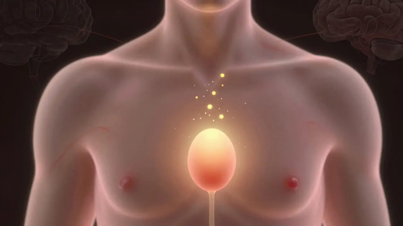 Přehled těla s vaječníkem uvolňujícím zářící vajíčko a hormonální částice.