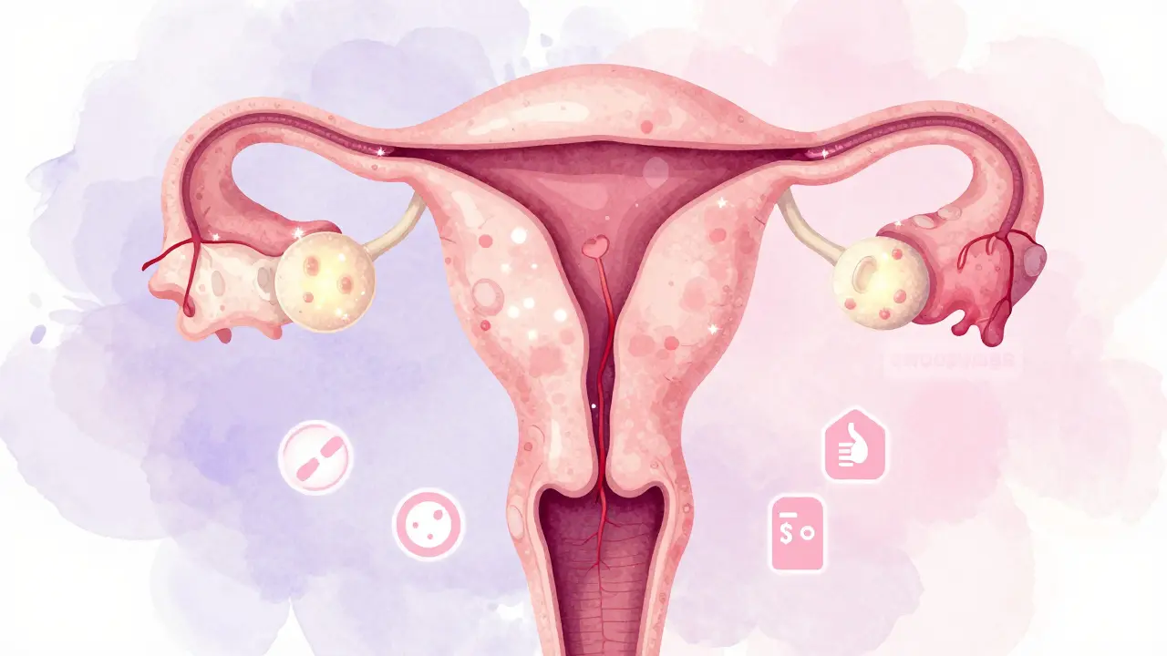 Stylizovaný vnitřní pohled na vaječníky s folikuly jako jemnými světly v ženském těle.