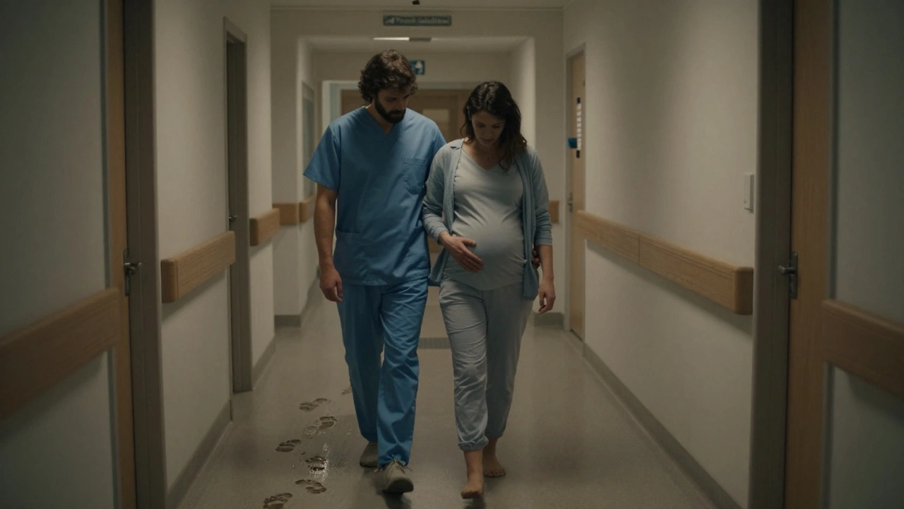 Těhotná žena je vede porodní sestra po chodbě nemocnice, za nimi jsou mokré stopy.