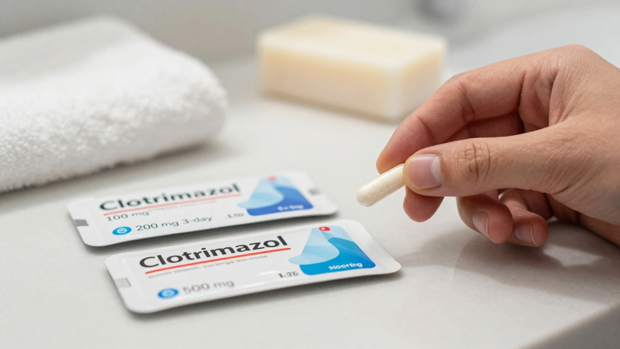 Tři balení vaginálních čípků Clotrimazol s různými dávkami na koupelně.