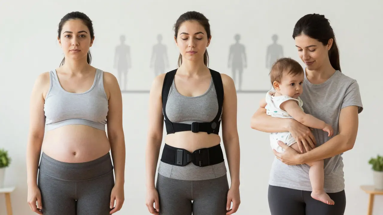 Tři ženy v různých fázích hojení po porodu, symbolizující čas a obnovu.