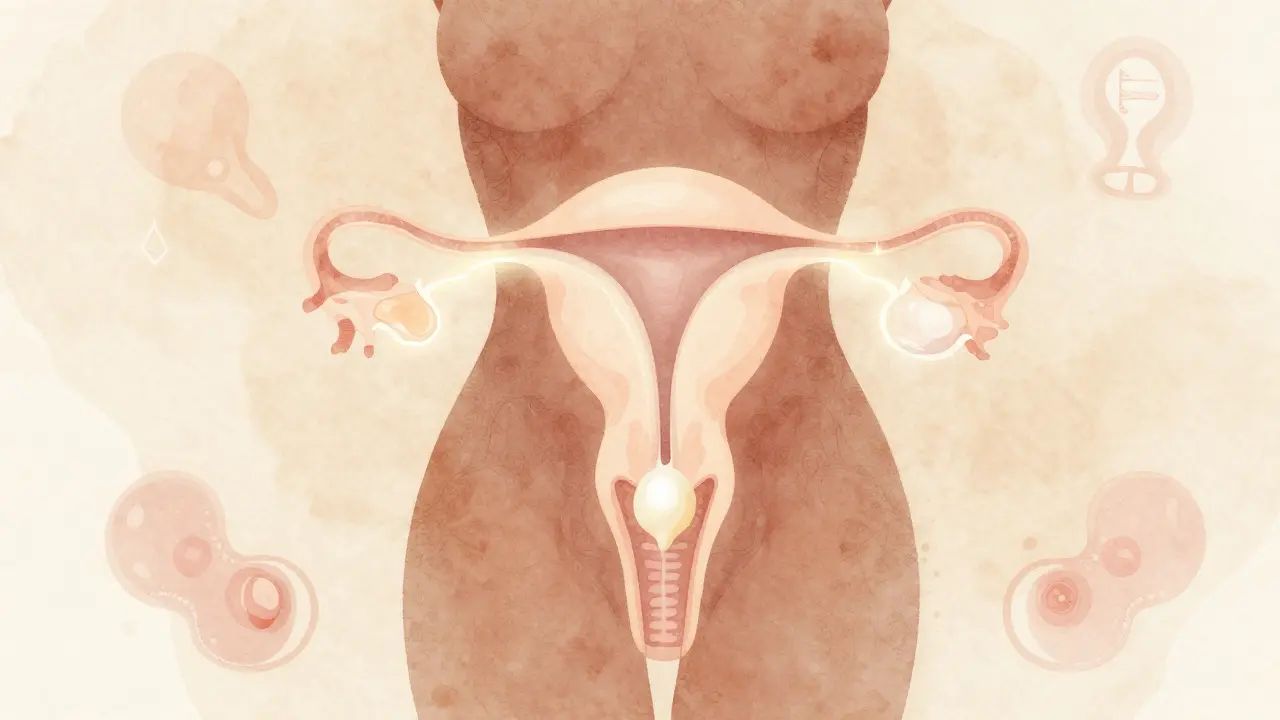 Umělecká ilustrace hormonálních změn v těle po ovulaci s krémovým výtokem.