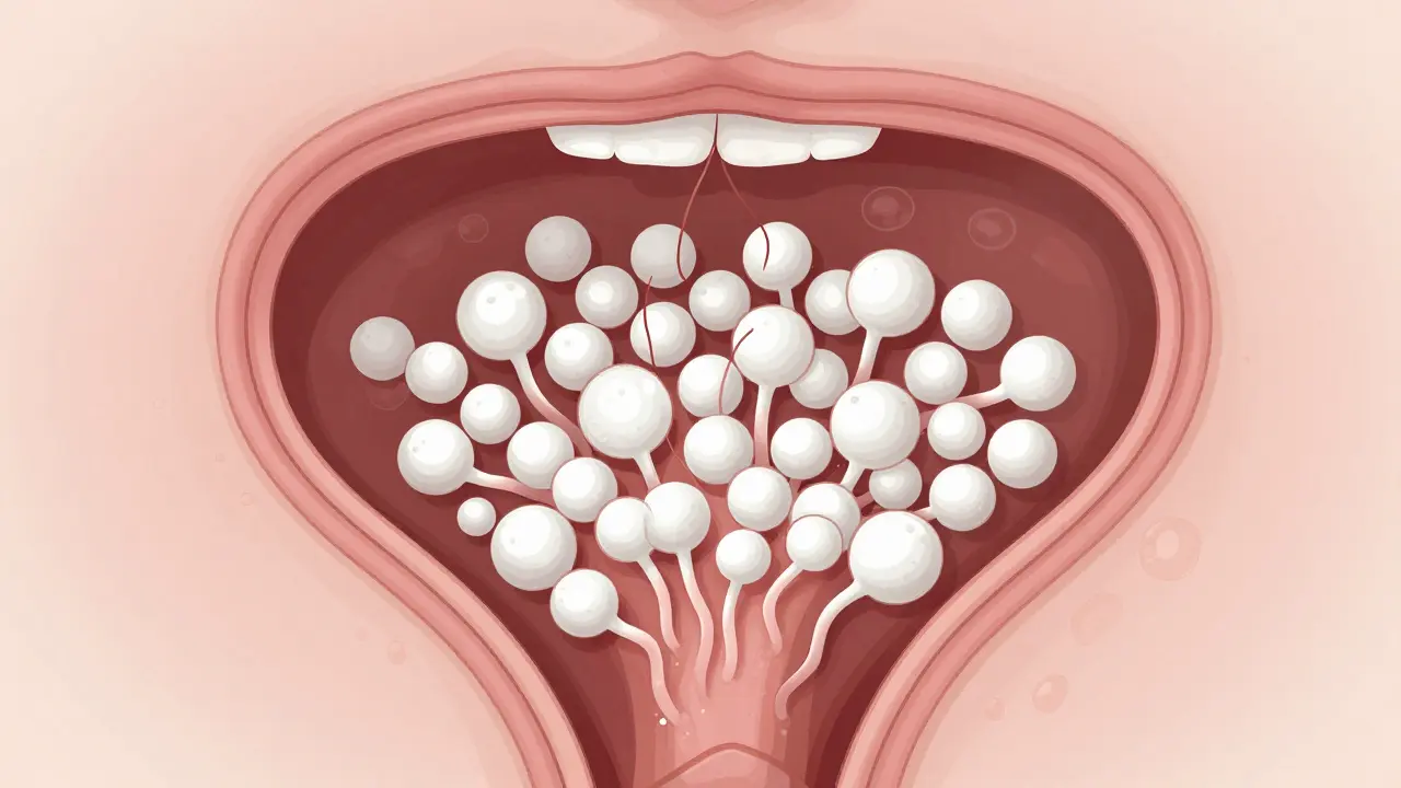 Vnitřní pohled na pochvu s přebytkem hub Candida albicans nad přirozenou mikroflórou.