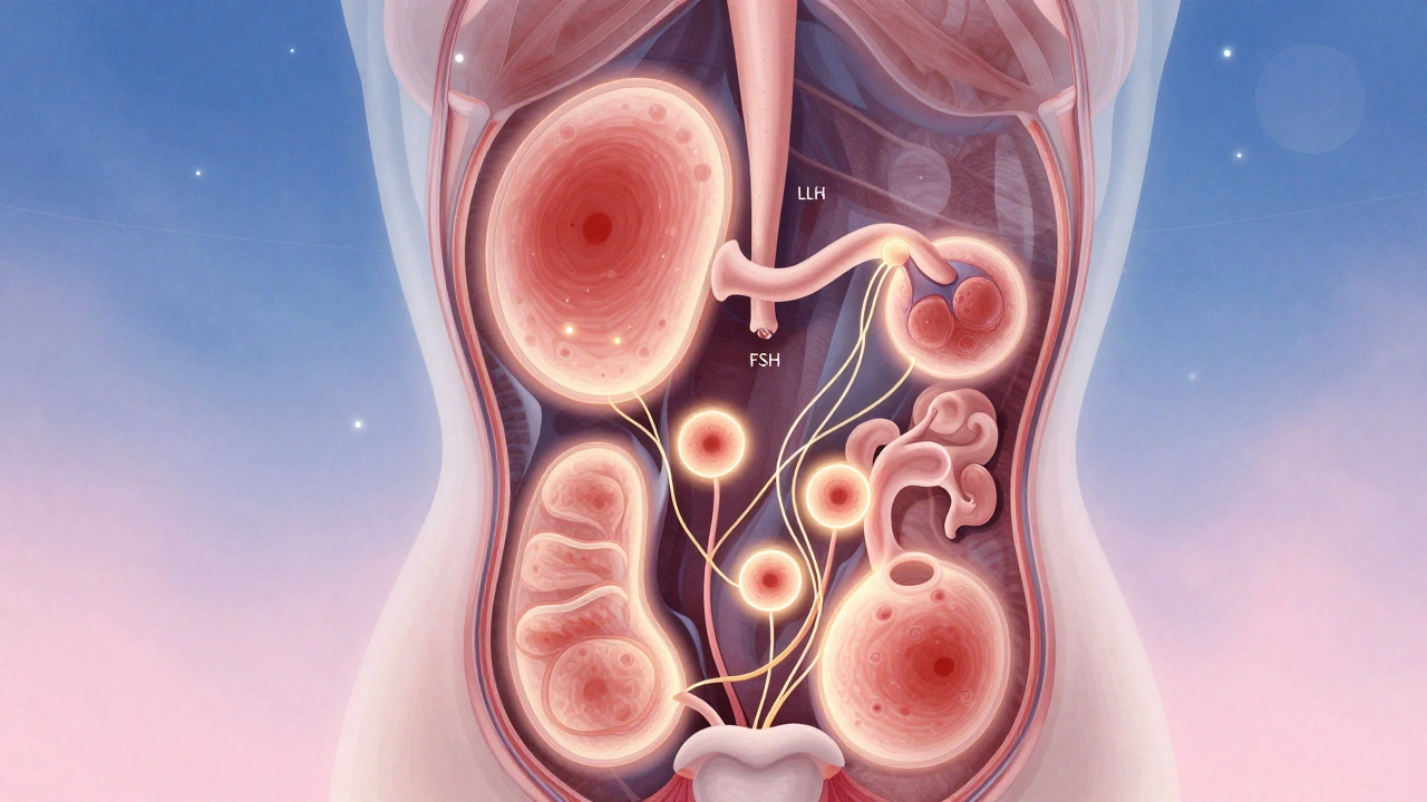 Vnitřní pohled na vaječníky s růstoucími folikuly a hormonálními signály.