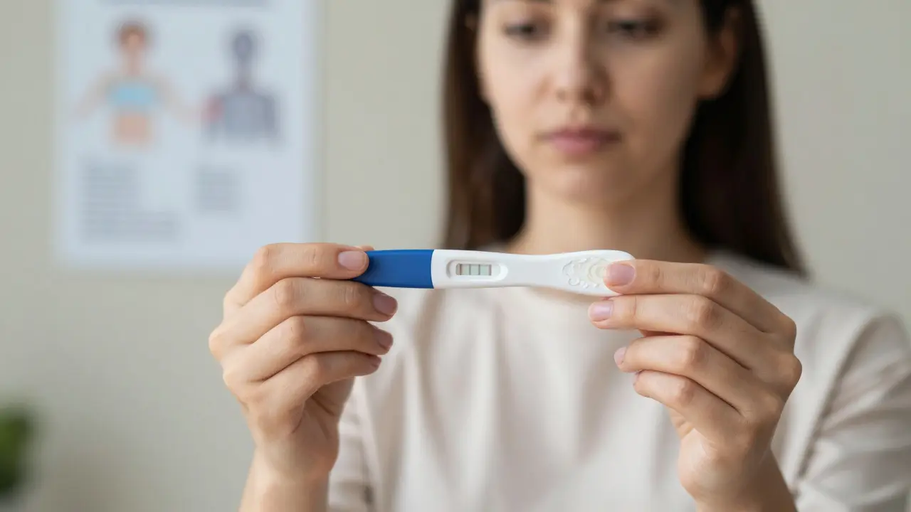 Žena drží pozitivní test na ovulaci a antikoncepční implantát v ruce.