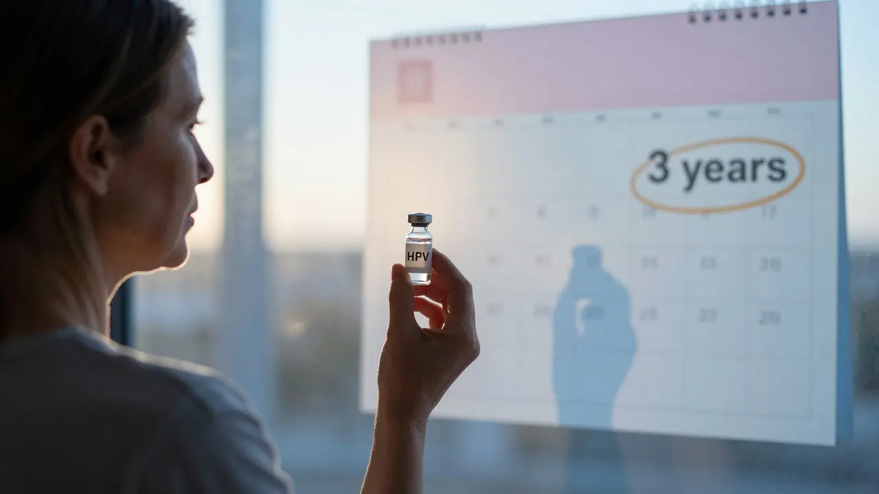 Žena drží vakcínu proti HPV v ruce při světle dne.