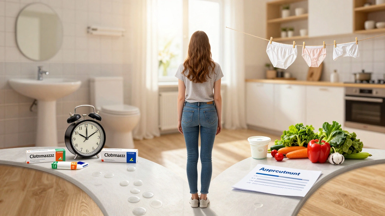 Žena na rozcestí: jedna cesta ukazuje přílišné používání léku, druhá zdravý styl života.