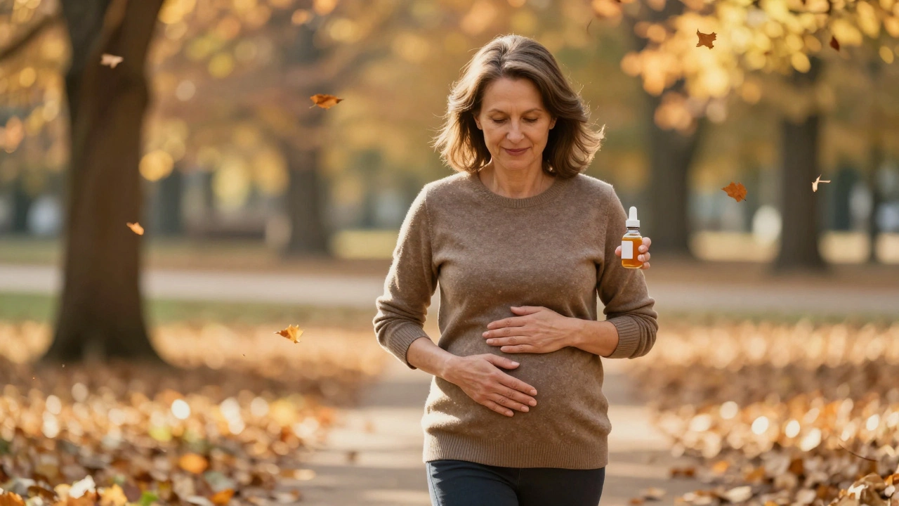 Žena prochází parkem na podzim, drží lék a vypadá klidně a silně po léčbě rakoviny.