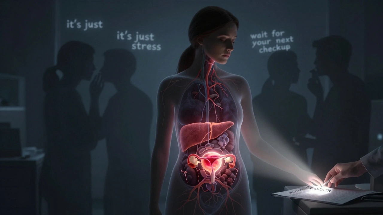 Žena s průhledným tělem, uvnitř nádor s rozvětvenými šířícími se výběžky k dalším orgánům.