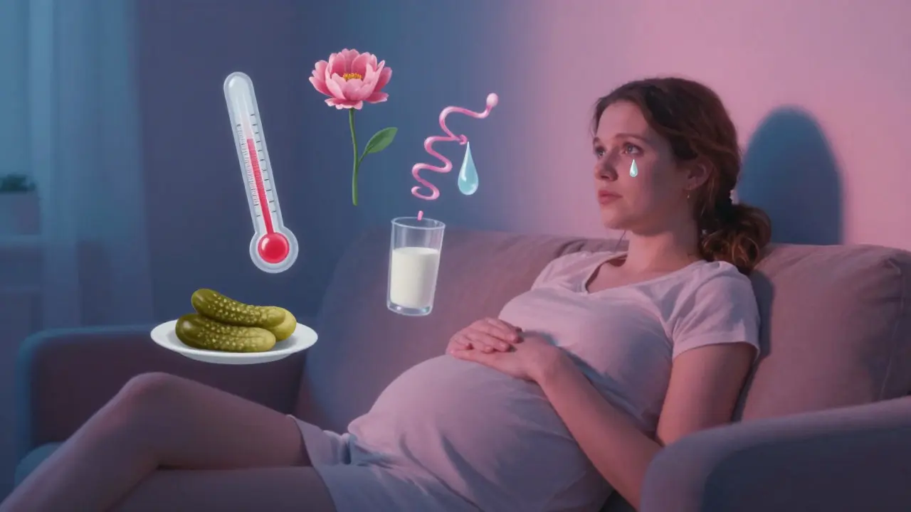 Žena sedí, kolem ní plavou symboly těhotenství – teploměr, květina, slzy.