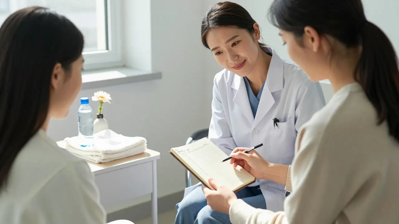 Žena si poznámky o cyklu drží v ruce, gynekoložka ji pozorně poslouchá v osvěžené ordinaci.