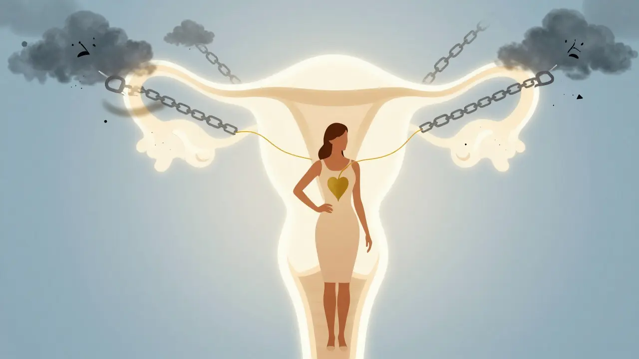 Žena stojí před abstraktním obrazem dělohy, strach mizí v světle — symbol prevence a sebevědomí.