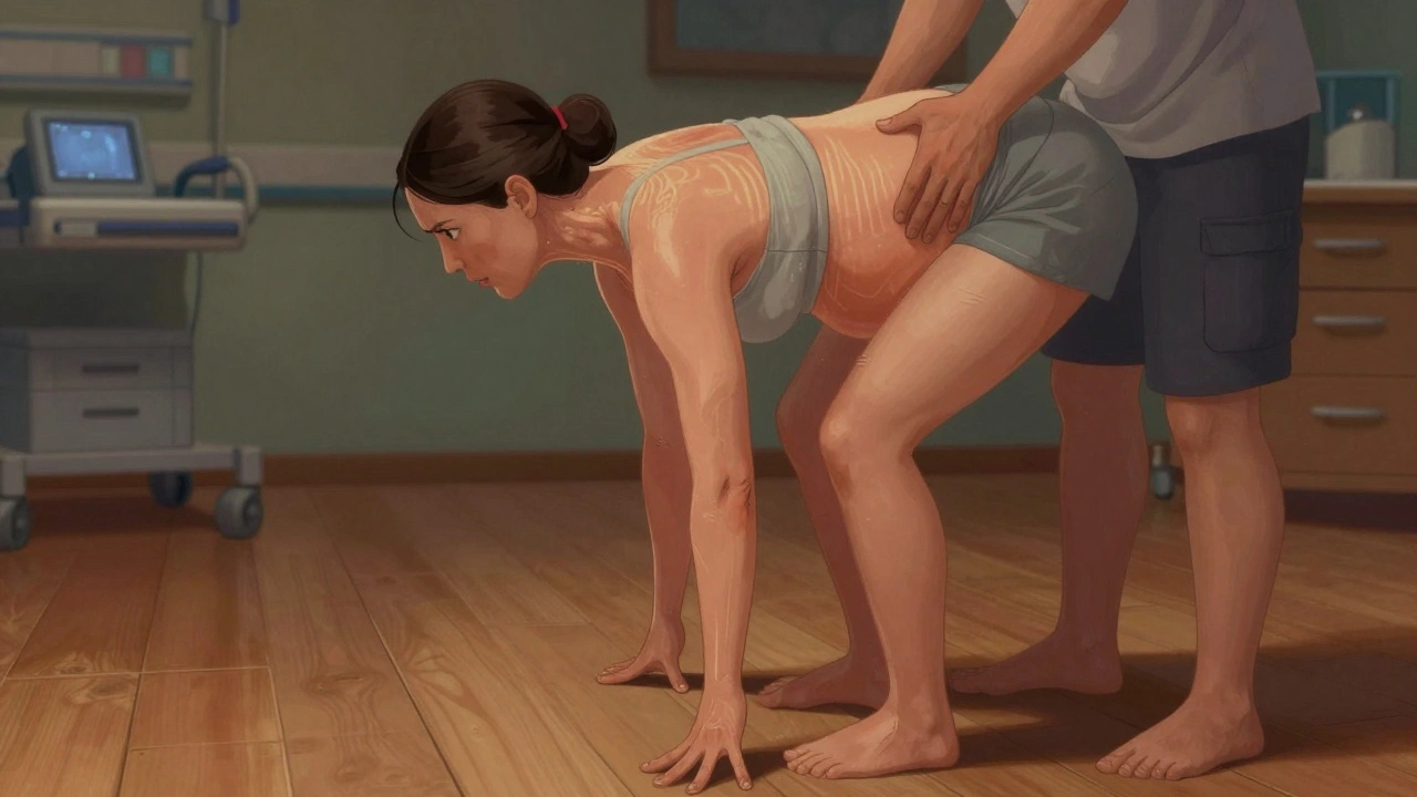 Žena v aktivní fázi porodu se opírá o partnera, cítí silné kontrakce.